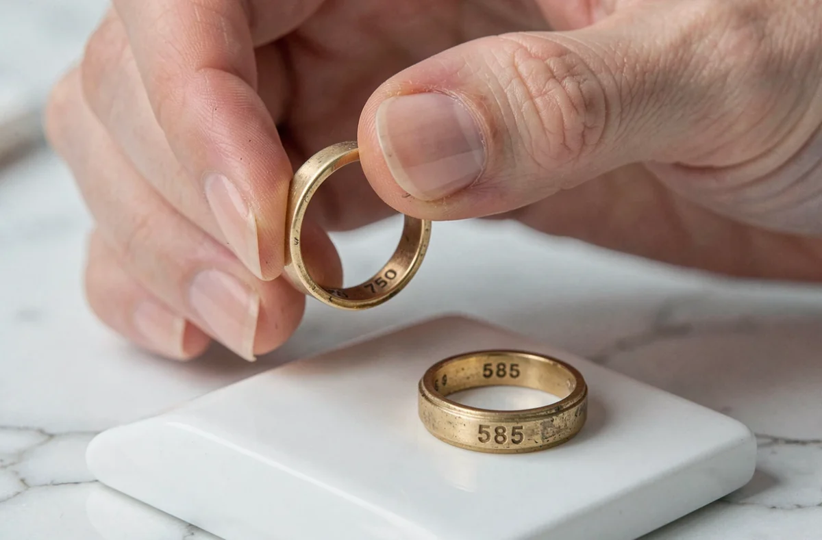 Gros plan sur les poinçons 750 et 585 gravés à l'intérieur de bagues en or de différents carats