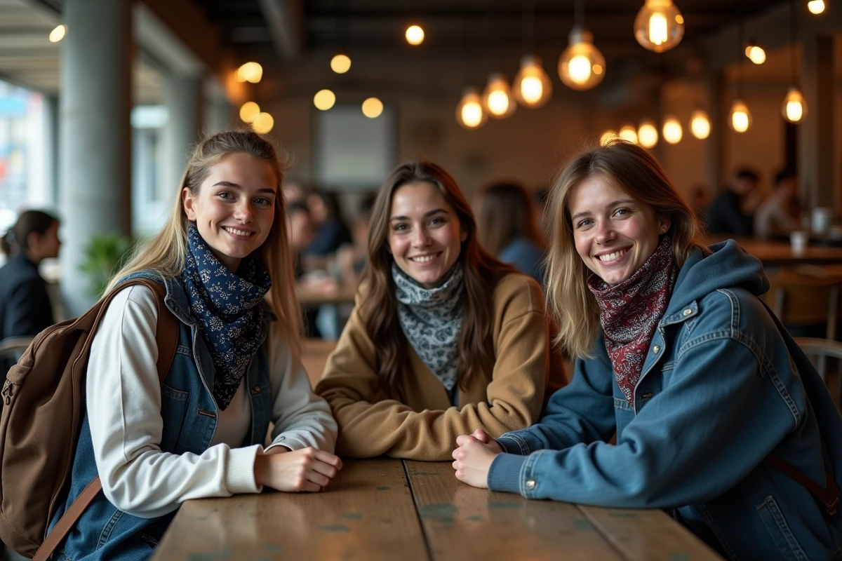 Groupe de jeunes adultes portant des bandanas dans un café urbain à l'atmosphère authentique
