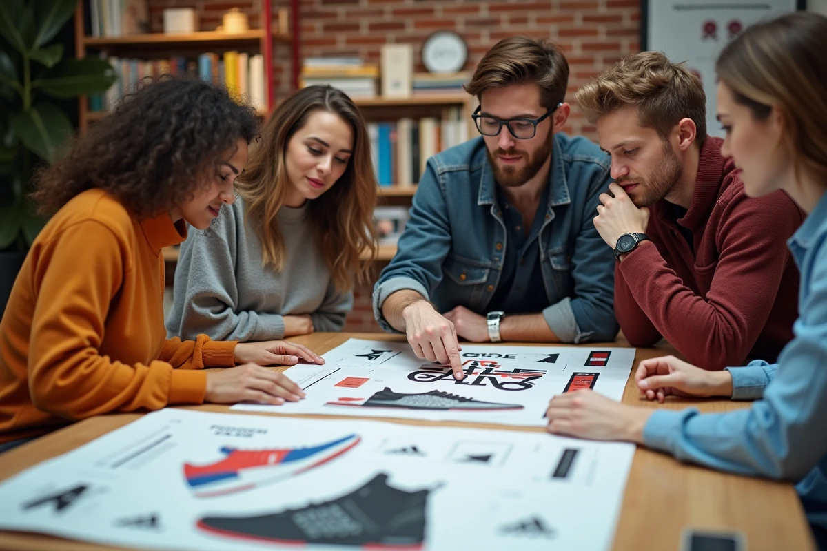 Groupe de jeunes designers analysant logos sneaker en réunion