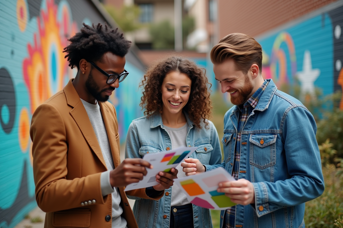 Groupe de créatifs discutant devant un mur urbain coloré