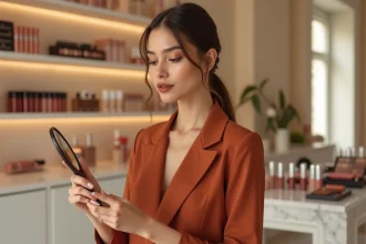 Femme en blazer terracotta harmonisant sa tenue avec un maquillage lèvres sienna, tendance couleur mode 2026