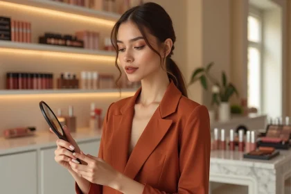Femme en blazer terracotta harmonisant sa tenue avec un maquillage lèvres sienna, tendance couleur mode 2026