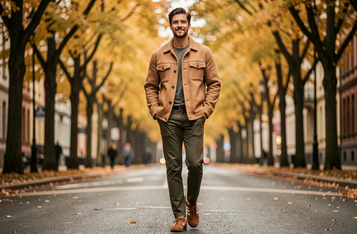 Homme portant des Adidas Spezial marron en promenade automnale dans une avenue arborée