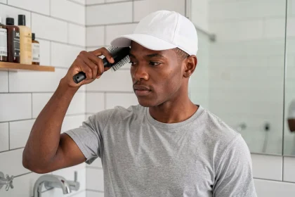 Jeune homme afro-américain en bonnet wave blanc brossant ses cheveux dans une salle de bain moderne, routine wave cap quotidienne
