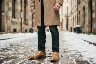 Homme en manteau en laine beige et bottines cowboy en cuir brun sur pavés enneigés en hiver