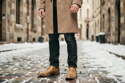 Homme en manteau en laine beige et bottines cowboy en cuir brun sur pavés enneigés en hiver