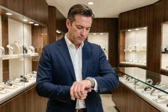 Homme élégant examinant une montre Rolex dans une boutique horlogère suisse haut de gamme