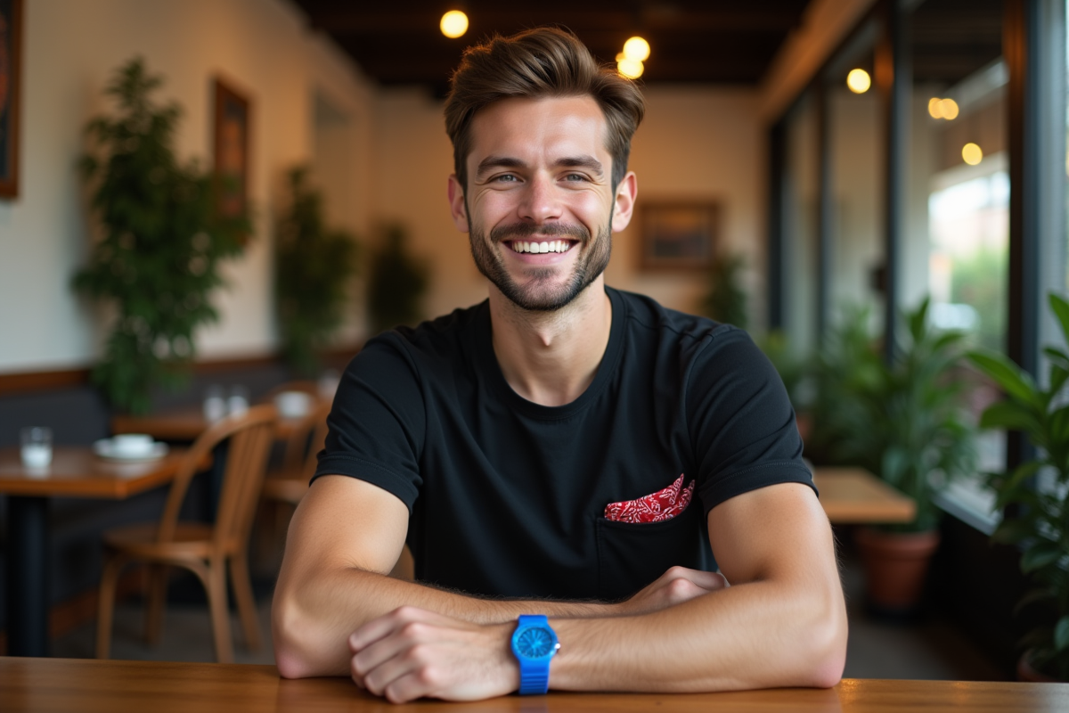 Jeune homme souriant dans un café cosy intérieur