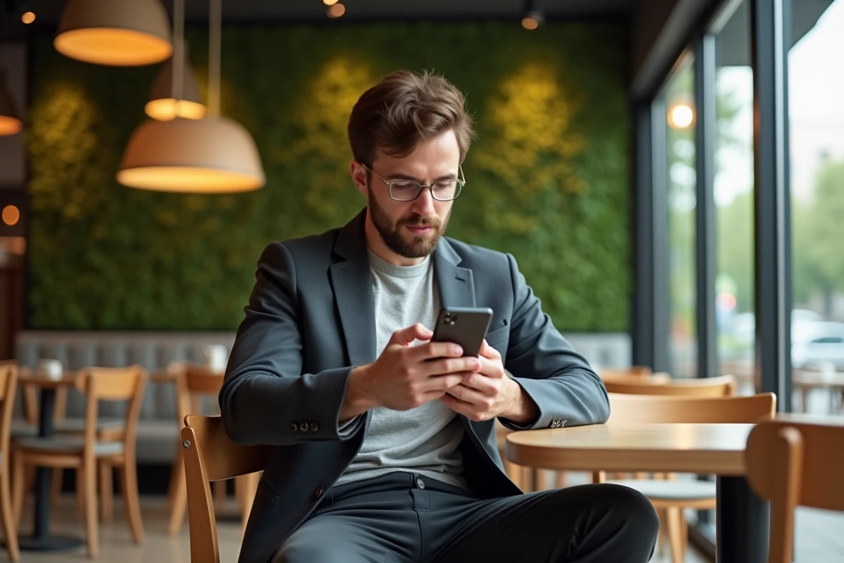 Homme d&eacute;tendu dans un caf&eacute; moderne avec blazer futuriste