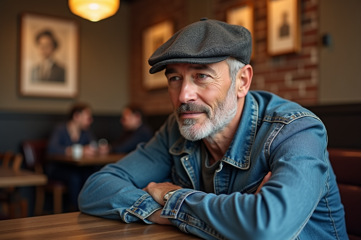 Homme mature en café intérieur avec casquette et denim