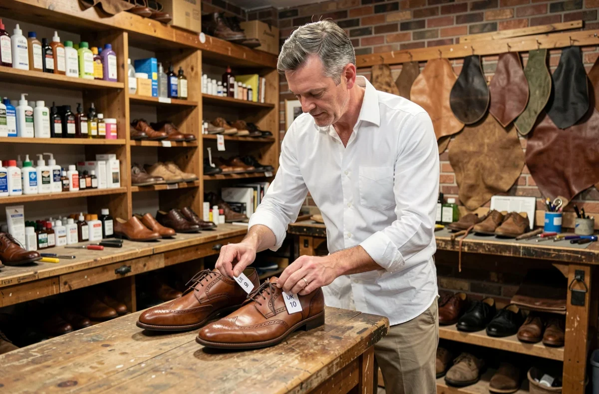 Homme comparant deux chaussures en cuir de pointures UK différentes sur un comptoir de cordonnerie