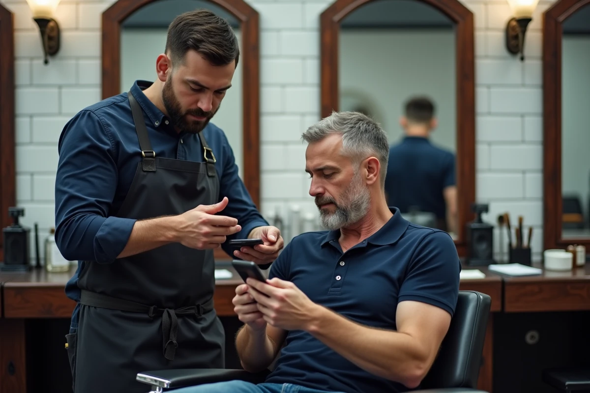 Homme consultant son coiffeur avant une coupe dans un salon de barbier à Givors