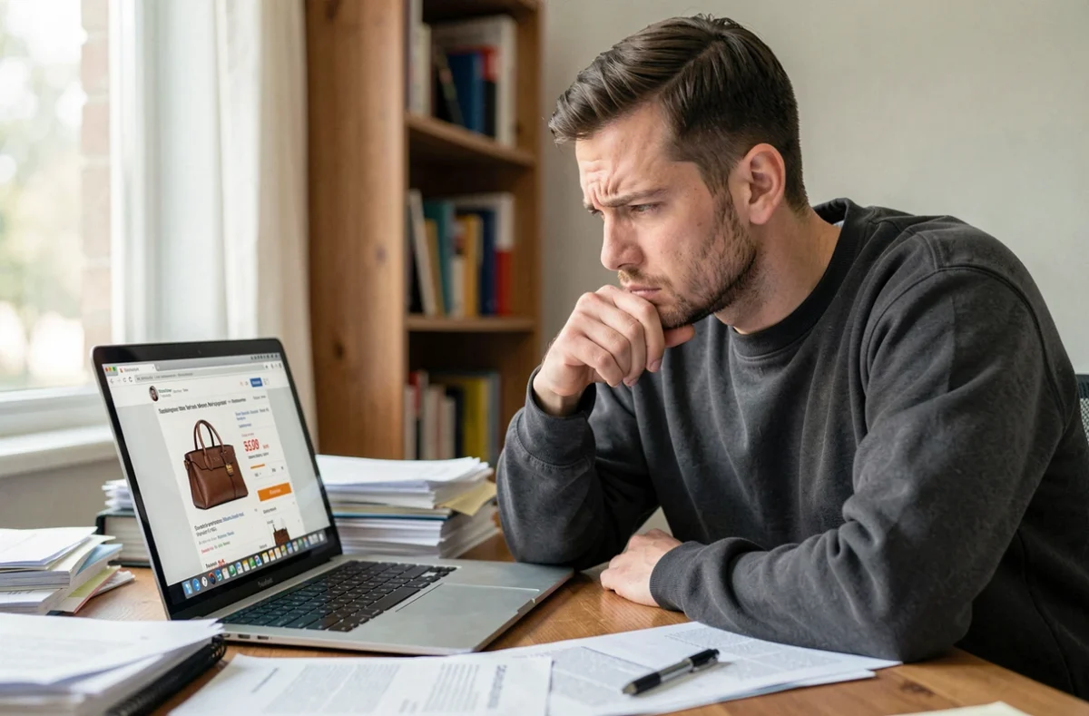 Homme scrutant une annonce suspecte de sac de luxe à prix anormalement bas sur un site de vente en ligne