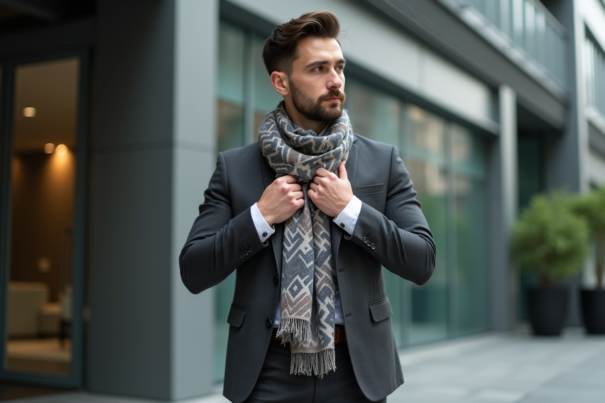 Homme ajustant une écharpe dans une entrée de bureau moderne