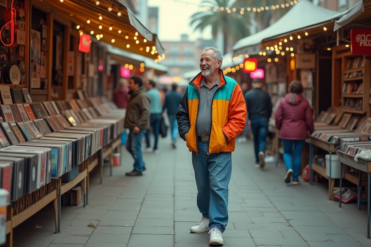 Homme souriant au marché aux puces en plein air