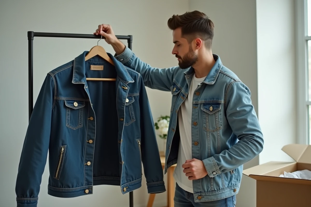 Homme inspectant une veste de marque reçue après une commande sur un site de vente en ligne discount