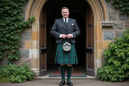 Homme portant un kilt irlandais traditionnel vert forêt lors d'une cérémonie devant une église en pierre
