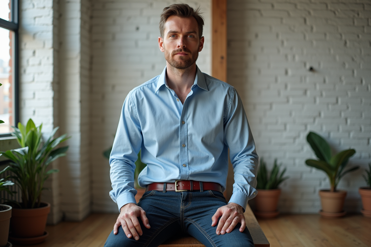 Homme assis dans un loft portant une ceinture en suede bordeaux