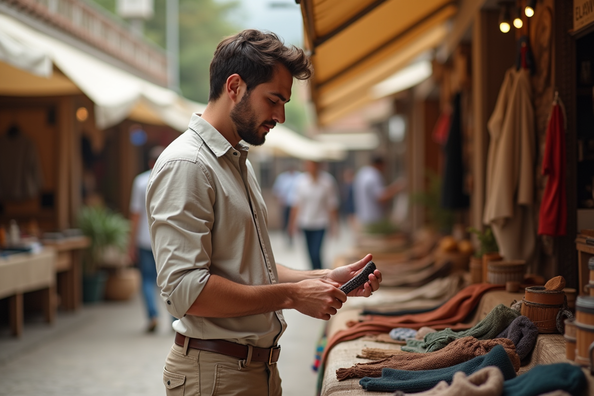 Jeune homme examinant une ceinture tissée au marché artisanal