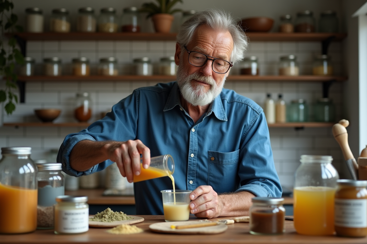 Homme versant huile de ricin dans un laboratoire maison