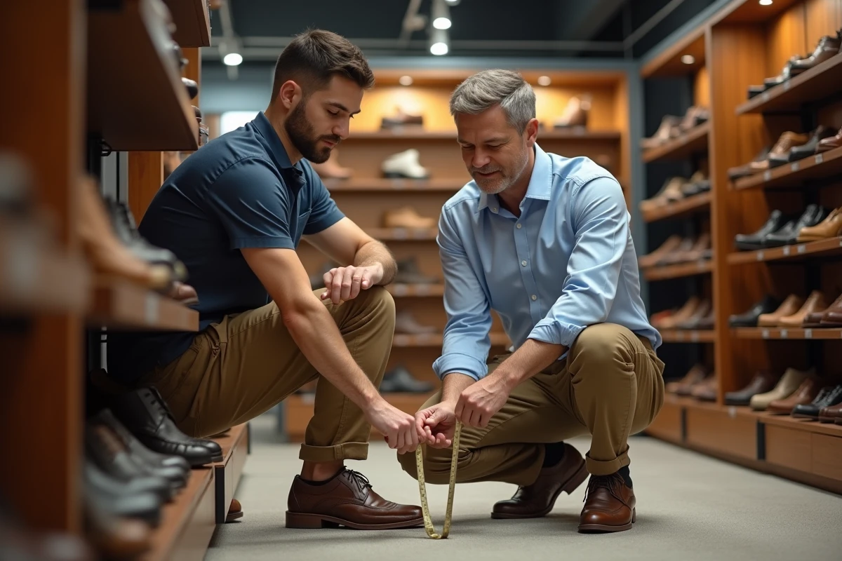 Homme en magasin de chaussures qui fait mesurer son pied
