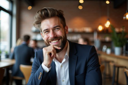 Homme élégant avec barbe dans un café lumineux