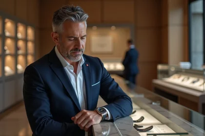 Homme élégant examinant une montre Rolex en boutique suisse, illustrant l'achat d'une montre de luxe et les délais d'attente