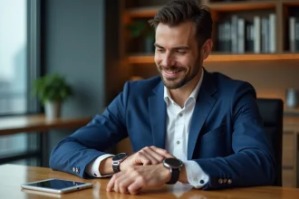 Homme en costume regardant ses montres en bureau moderne