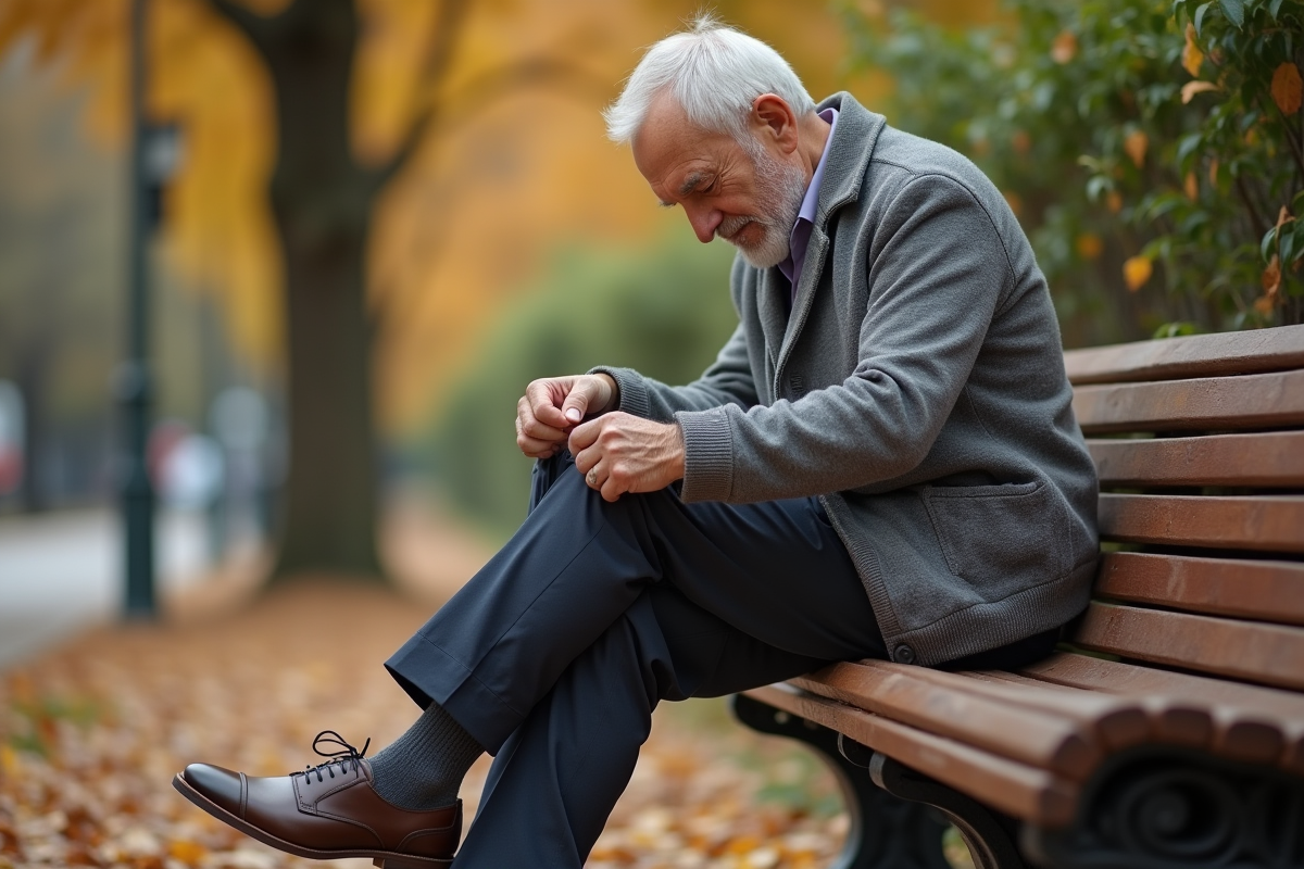 Homme âgé vérifiant ses chaussettes dans un parc en automne
