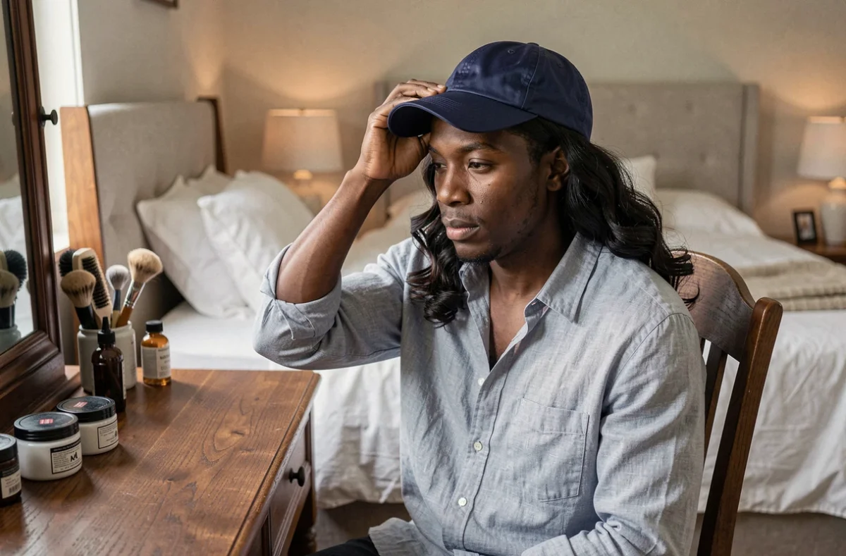 Homme posant un bonnet wave navy blue sur ses 360 waves devant une coiffeuse en bois, routine brossage et wave cap dans une chambre moderne