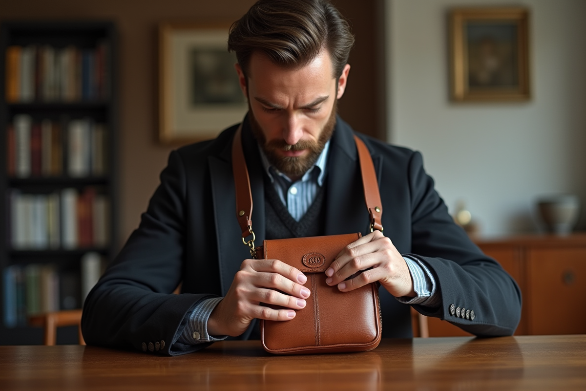 Homme ajustant son sac à main en intérieur