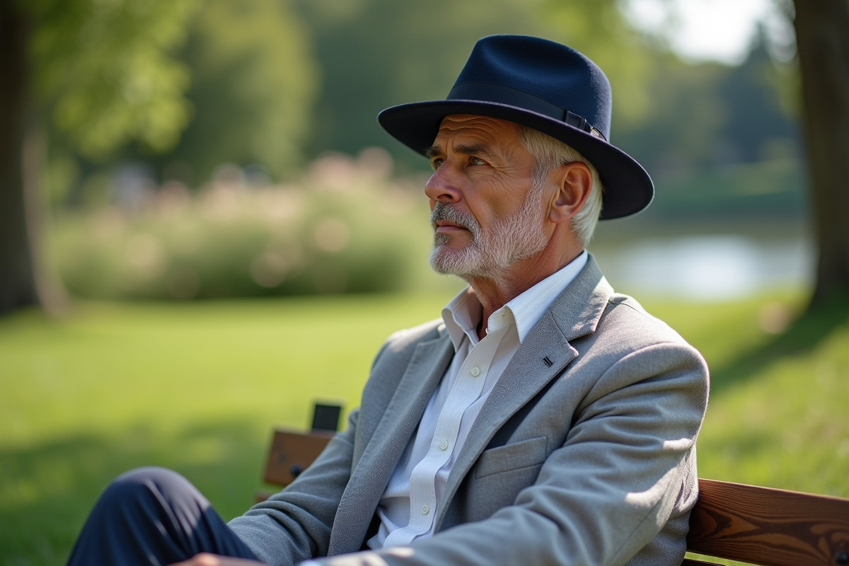 Homme âgé en chapeau fedora dans un parc ensoleille