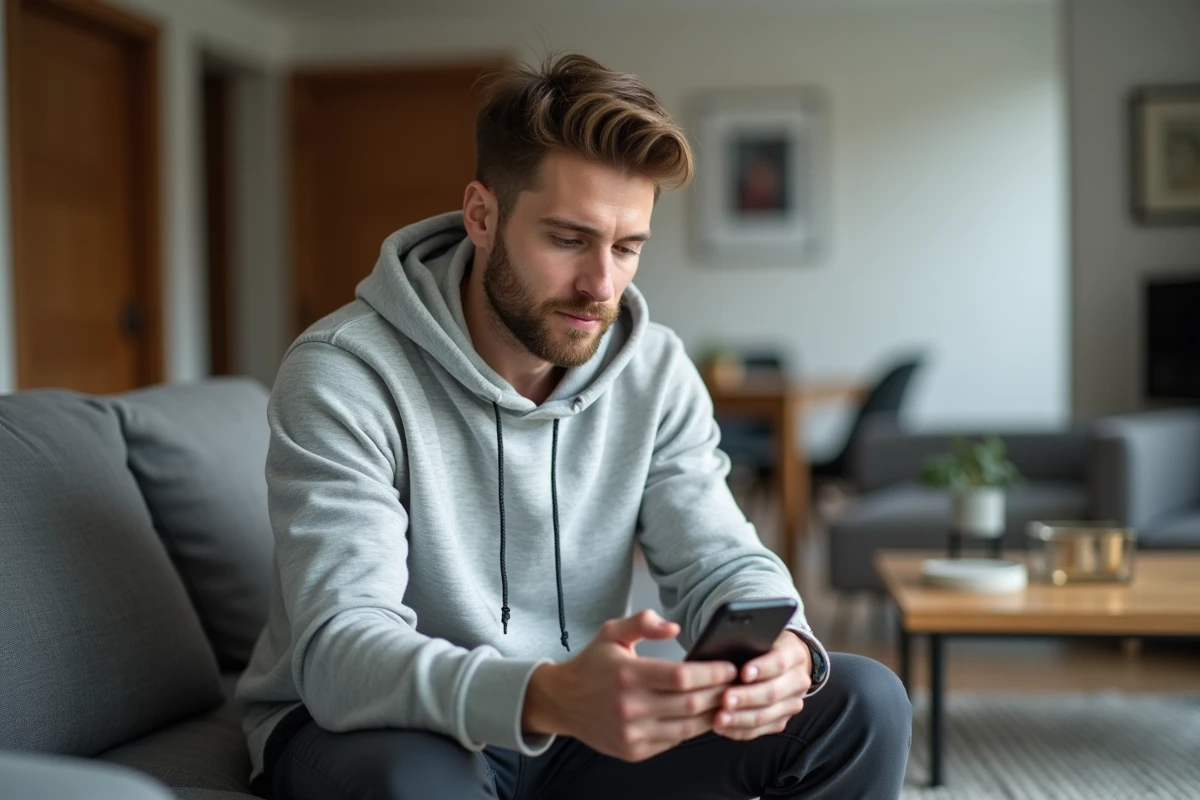 Homme consultant des offres promotionnelles sur un site de vêtements depuis son smartphone dans son salon