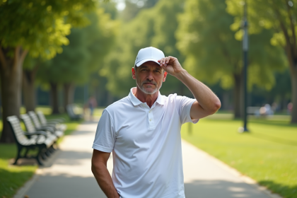 Homme d'&acirc;ge moyen ajustant son casquette dans un parc ensoleille