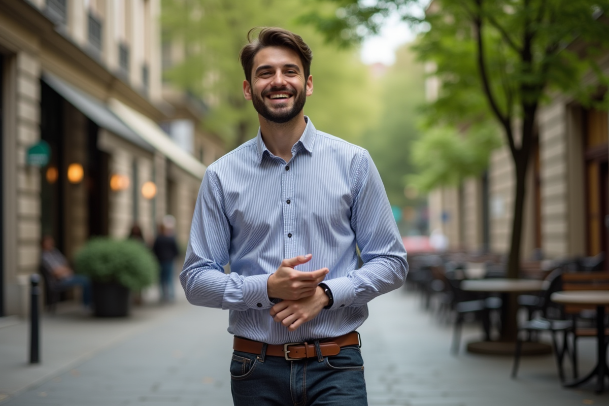 Homme souriant ajustant sa manche dans une rue urbaine