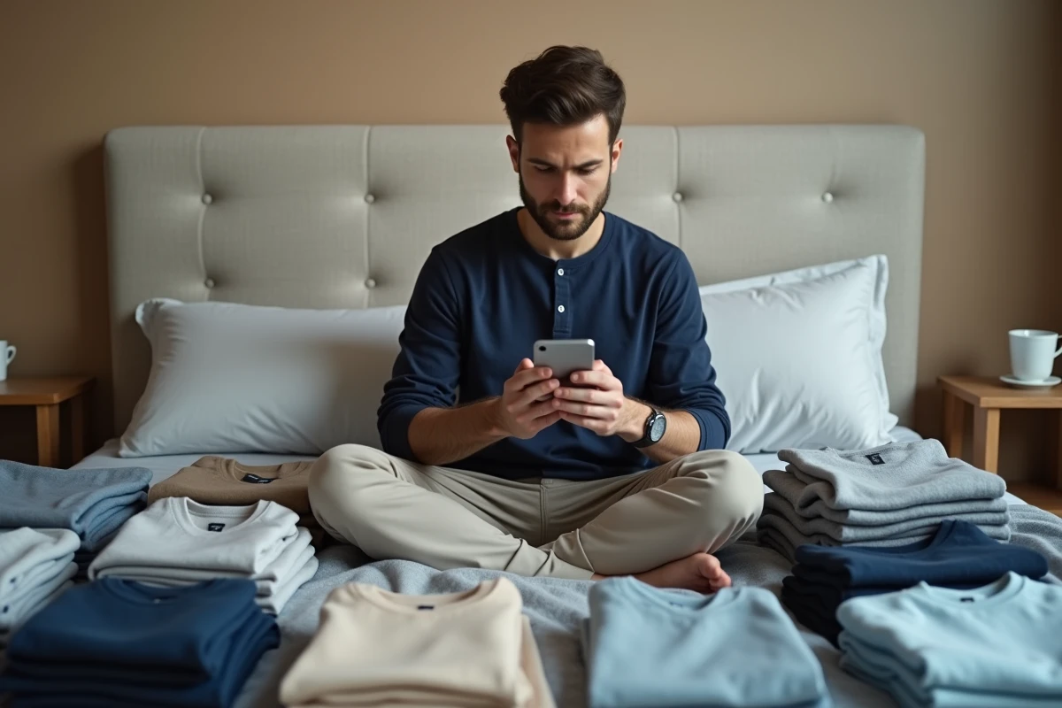 Homme triant ses vêtements sur un lit tout en utilisant une application mode sur smartphone