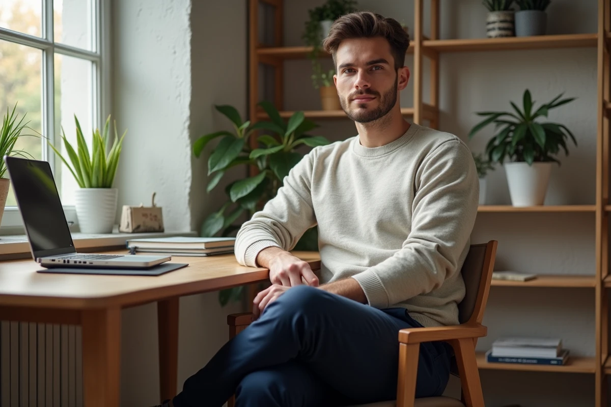 Homme en pantalon navy assis à un bureau lumineux