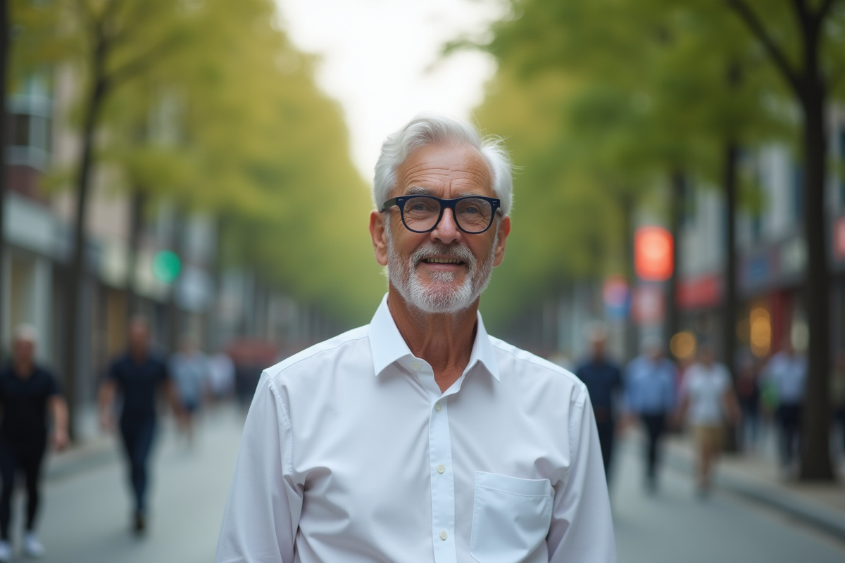Homme mature souriant avec lunettes navy en ville
