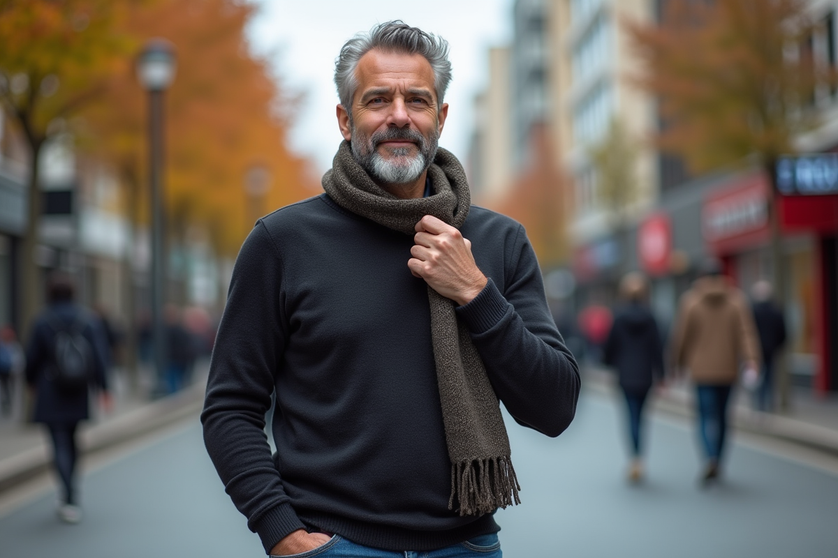 Homme confiant ajustant son écharpe dans la rue urbaine