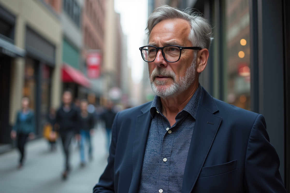 Homme en blazer regardant dans une rue urbaine avec lunettes rondes