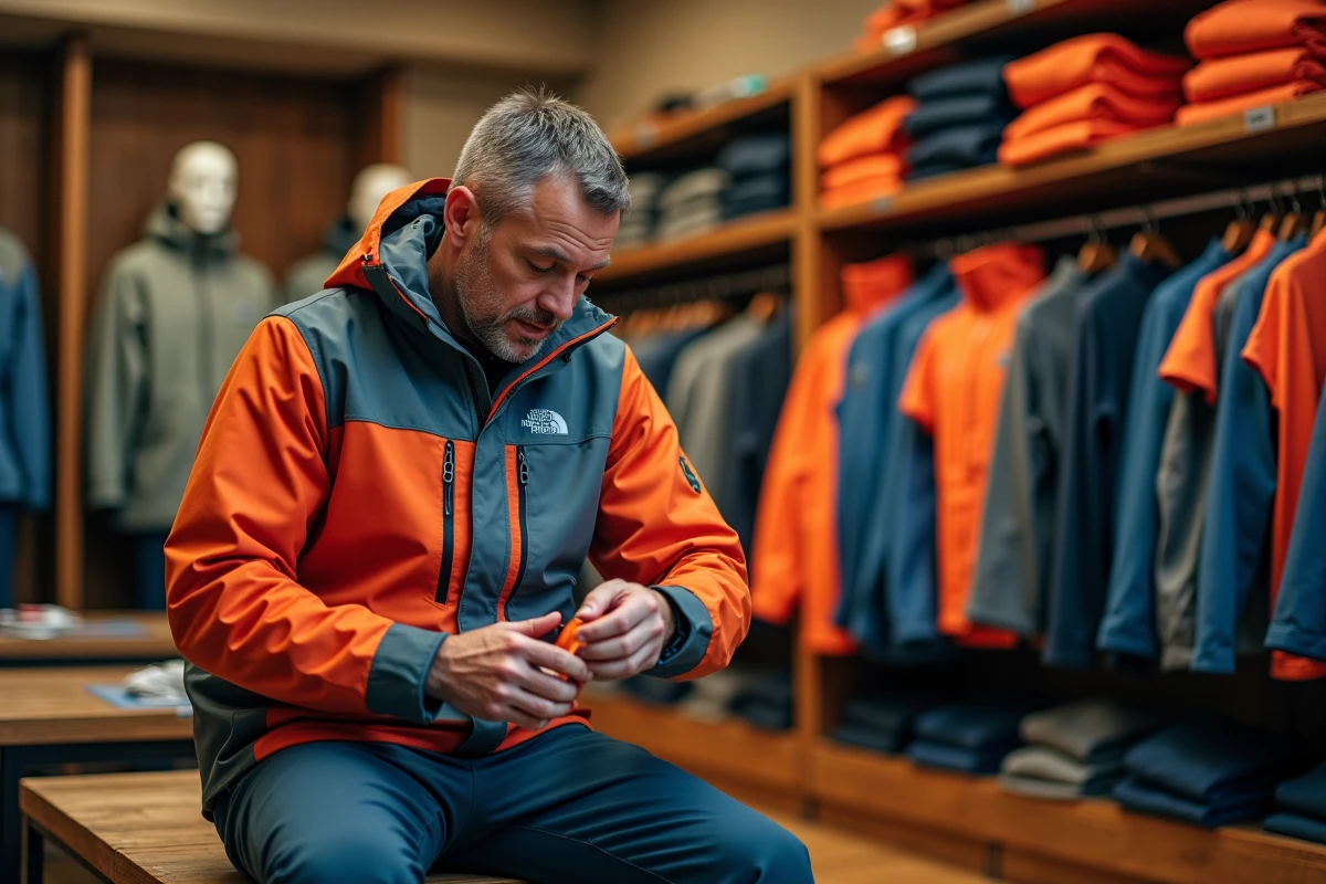 Homme examinant une veste hardshell imperméable dans un magasin de vêtements de montagne spécialisé