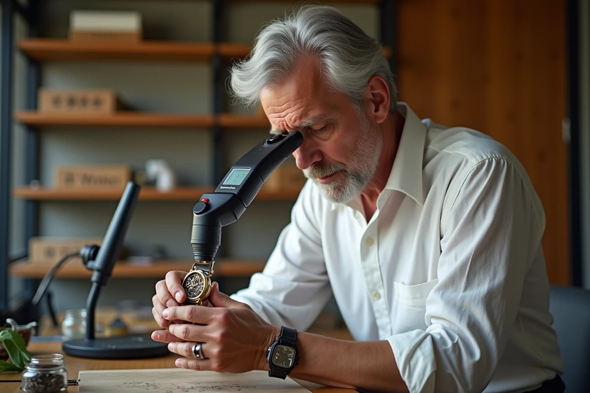 Horloger japonais examinant un mouvement mécanique de montre dans un atelier moderne, artisanat horloger asiatique haut de gamme