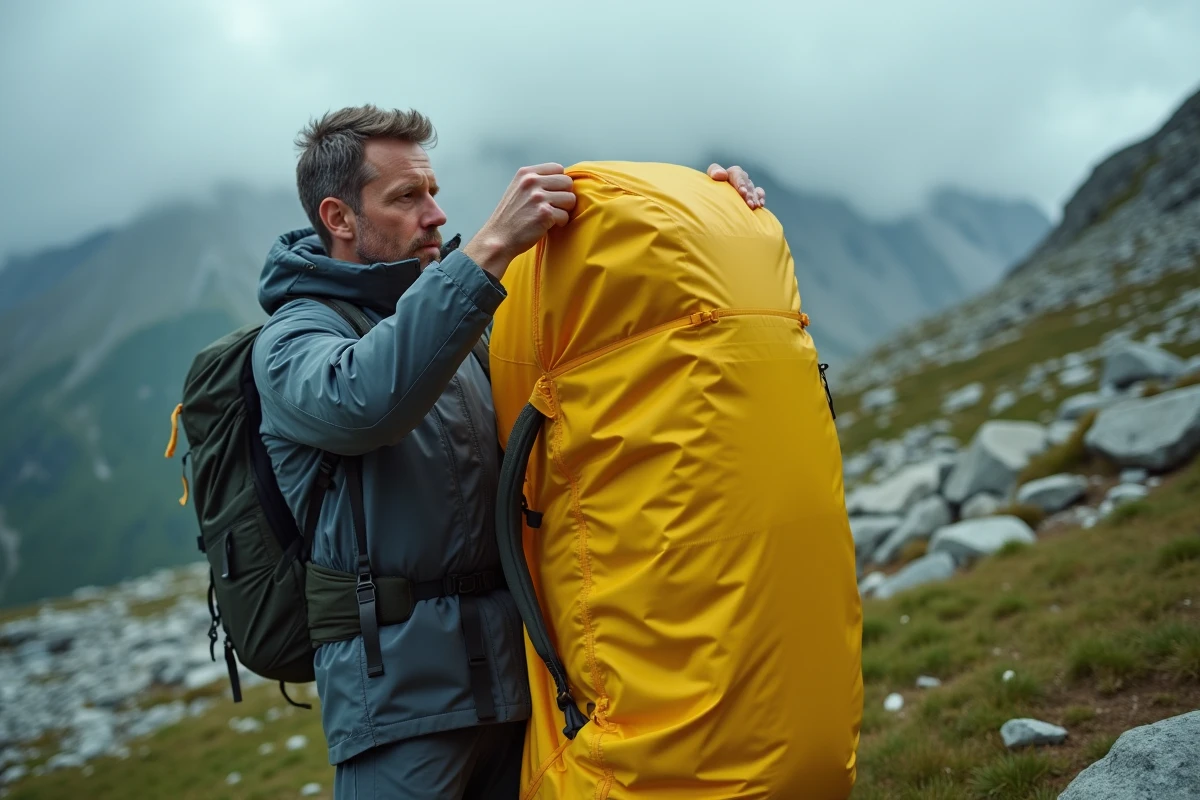 Homme installant une housse de pluie jaune sur son sac à dos de randonnée en montagne par temps orageux