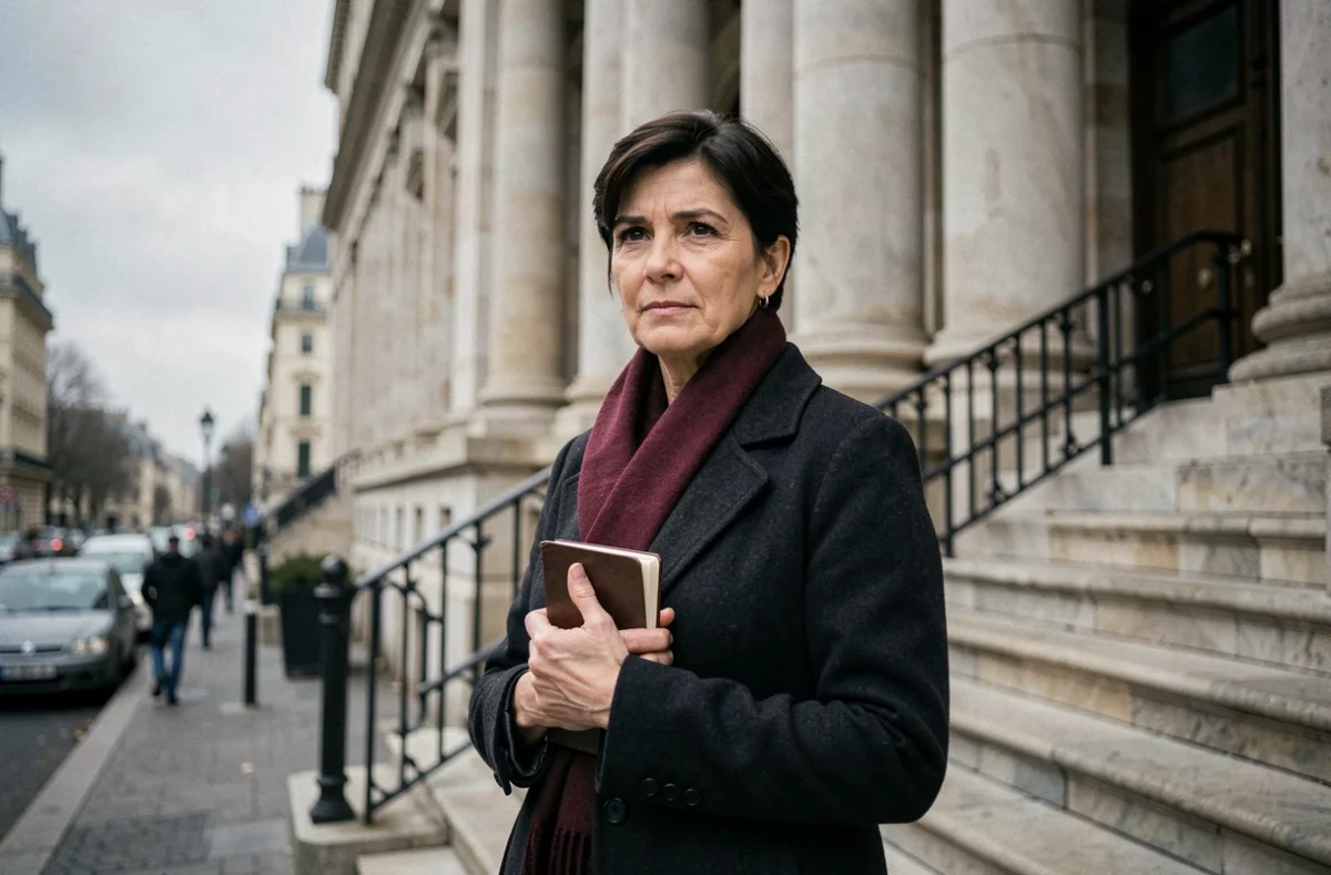 Intellectuelle française en manteau sombre sur les marches d'un bâtiment néoclassique parisien, tenant un carnet, symbole de l'engagement médiatique controversé