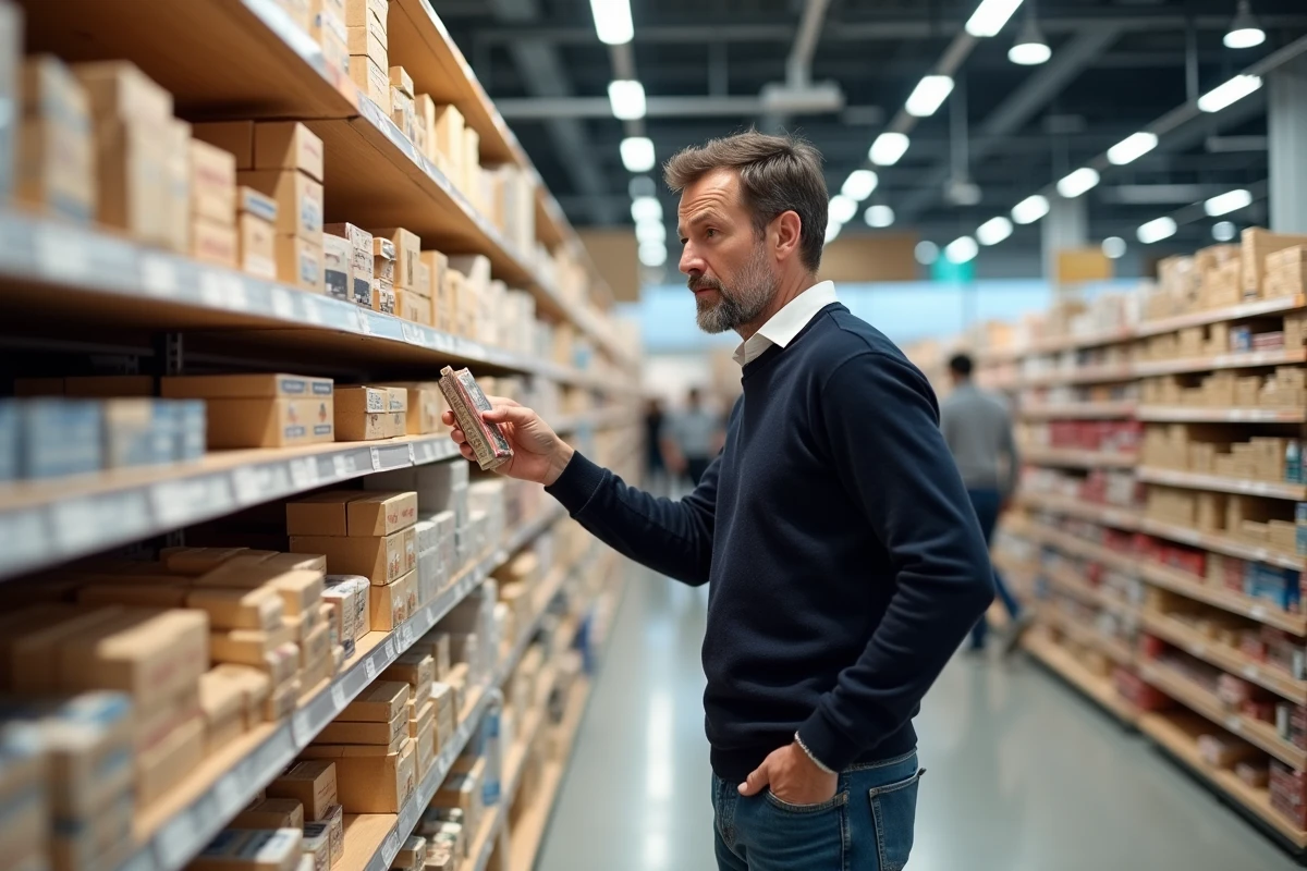 Intérieur rénové du magasin Dancharia avec rayons organisés et client qui examine un produit dans les allées