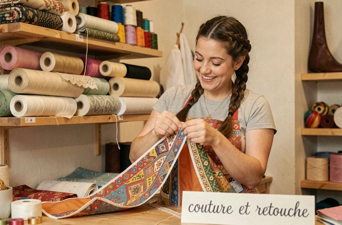 Couturière décorant un accessoire dans la boutique Isaccessoir'mod' à Muret