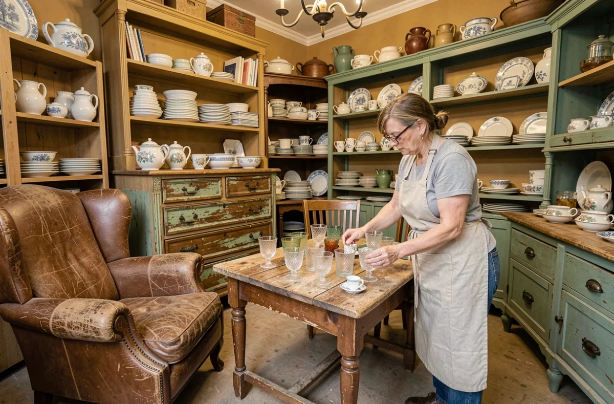 Intérieur de la brocante Jacotte et Javotte à Rouen avec mobilier vintage et objets de décoration anciens