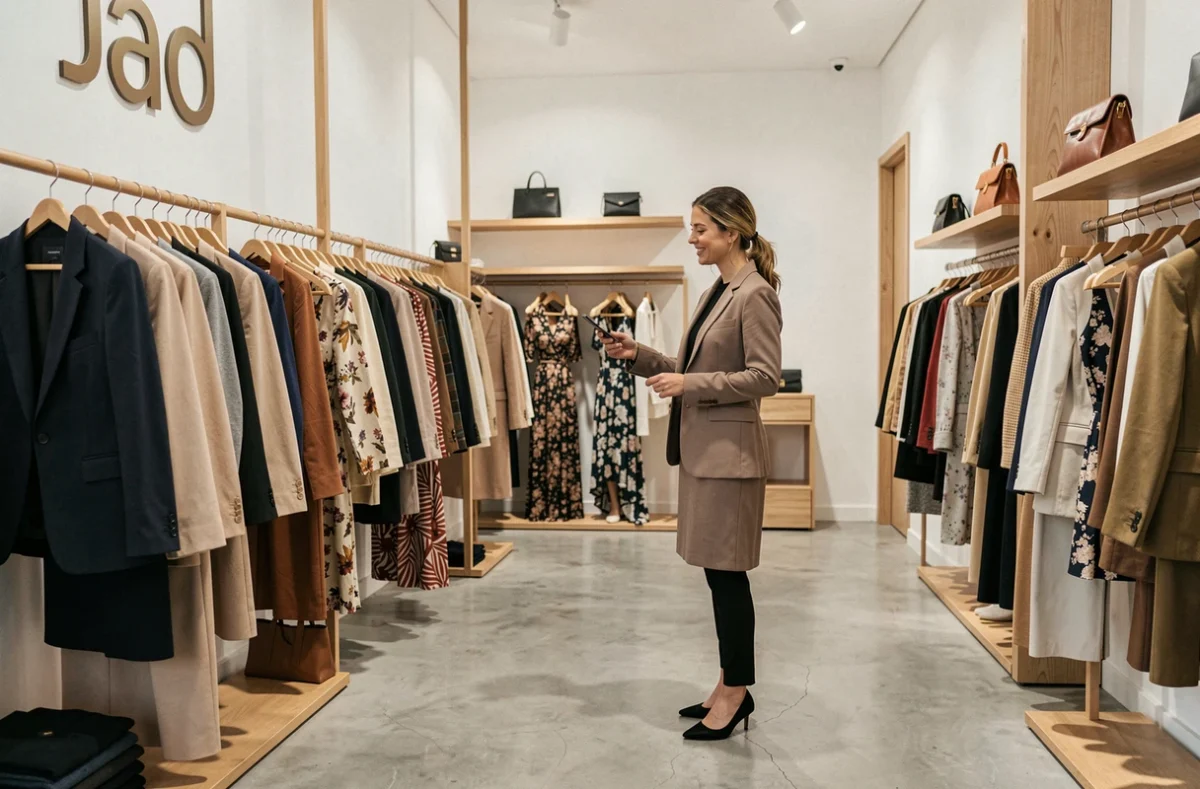 Intérieur de la boutique Jad à Dijon avec une cliente parcourant des vêtements tendance