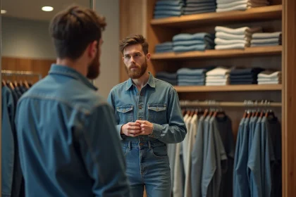 Jeune homme essayant un jean dans un magasin de vêtements
