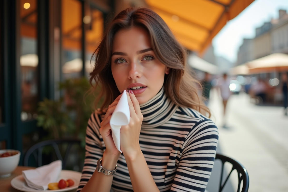 Jeune femme en turtleneck à un bistro en plein air